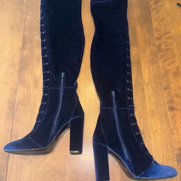 Elegant Navy Velvet Knee-High Boots - Picture 8 of 9